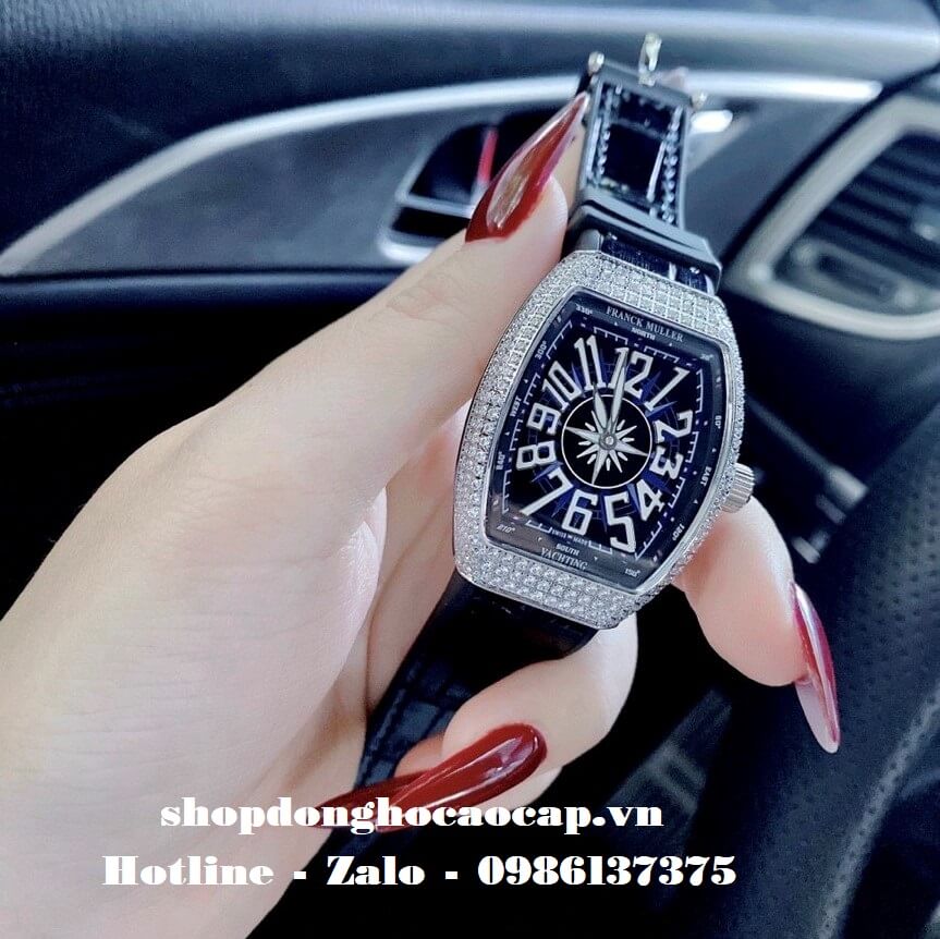 Đồng Hồ Franck Muller Nữ Silicon Đen Đính Đá Silver 34mm