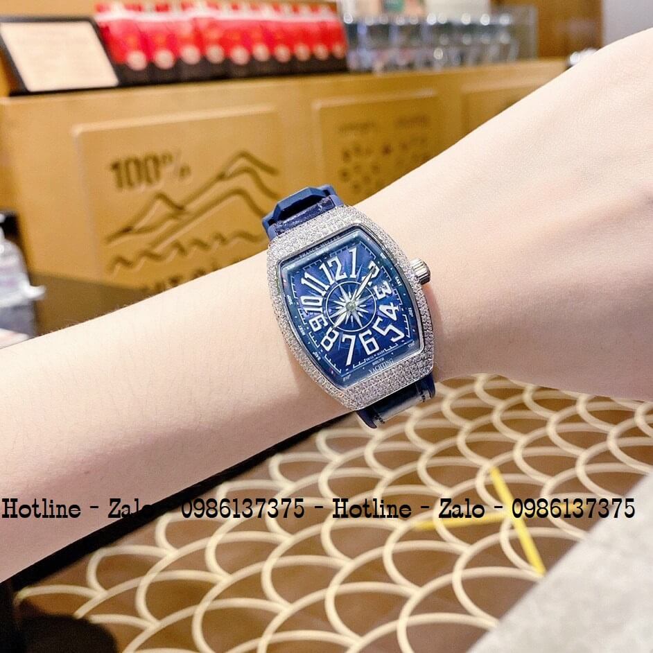 Đồng Hồ Nữ Franck Muller V32 Silicon Xanh Đính Đá Silver 34mm