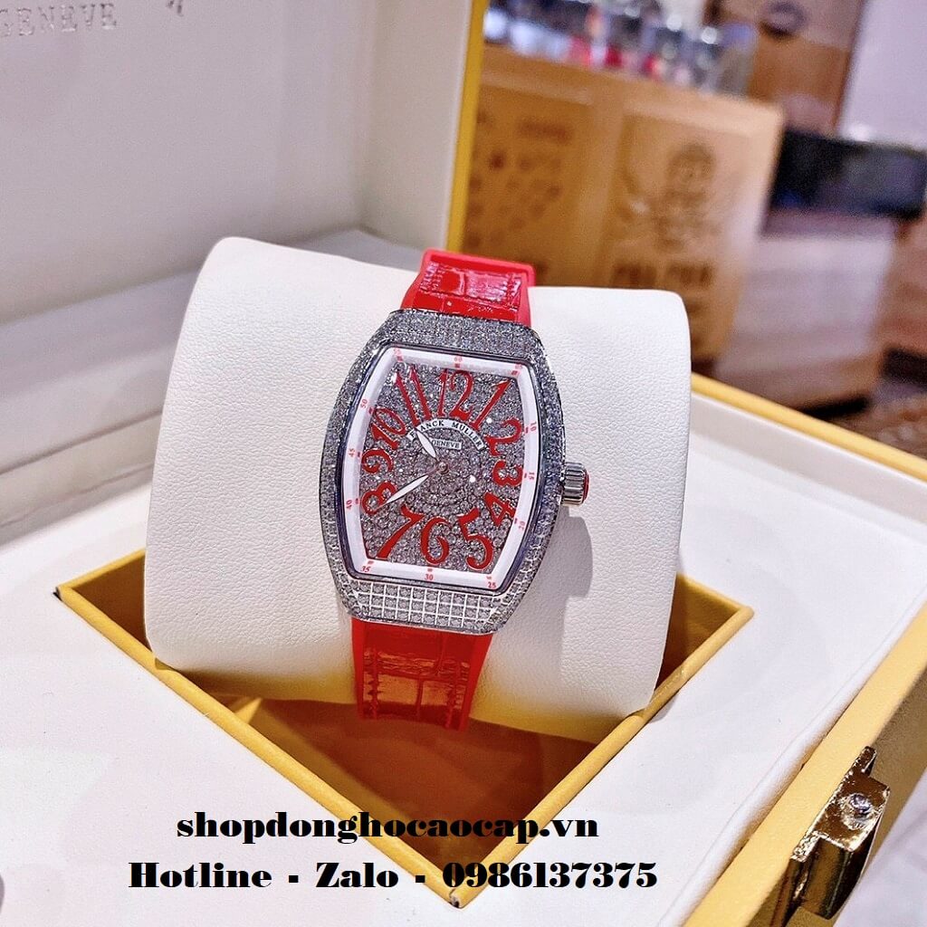 Đồng Hồ Franck Muller V32 Nữ Silicon Đỏ Đính Đá Silver 34mm