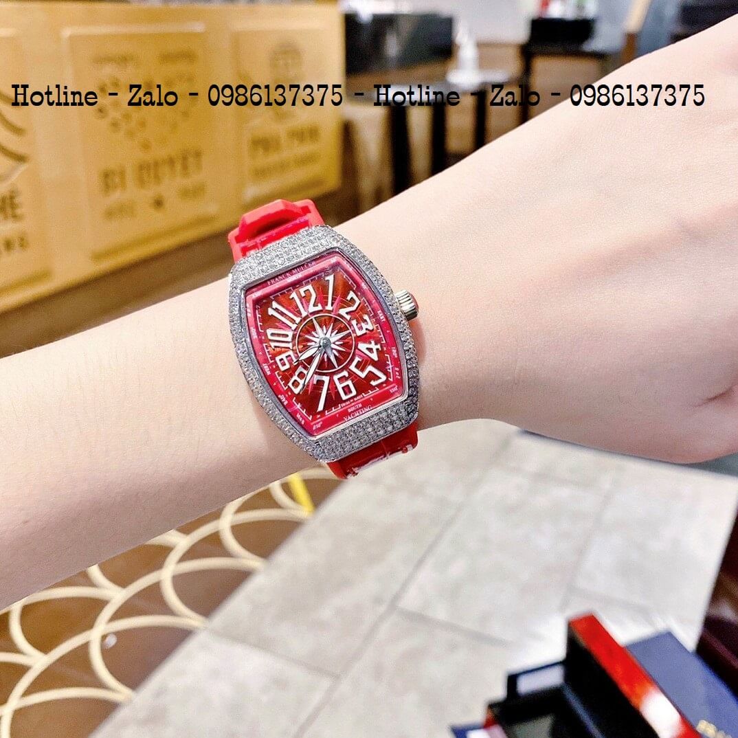 Đồng Hồ Nữ Franck Muller V32 Silicon Đỏ Đính Đá Silver 34mm