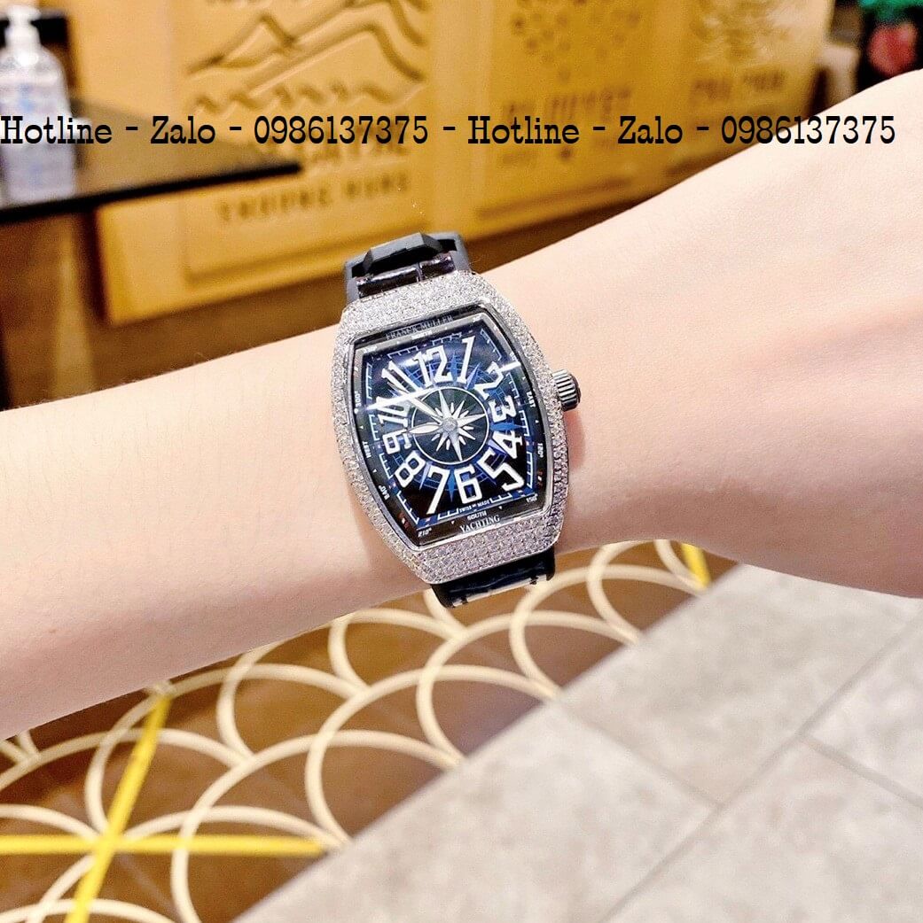 Đồng Hồ Nữ Franck Muller V32 Silicon Đen Mặt Đính Đá Silver 34mm