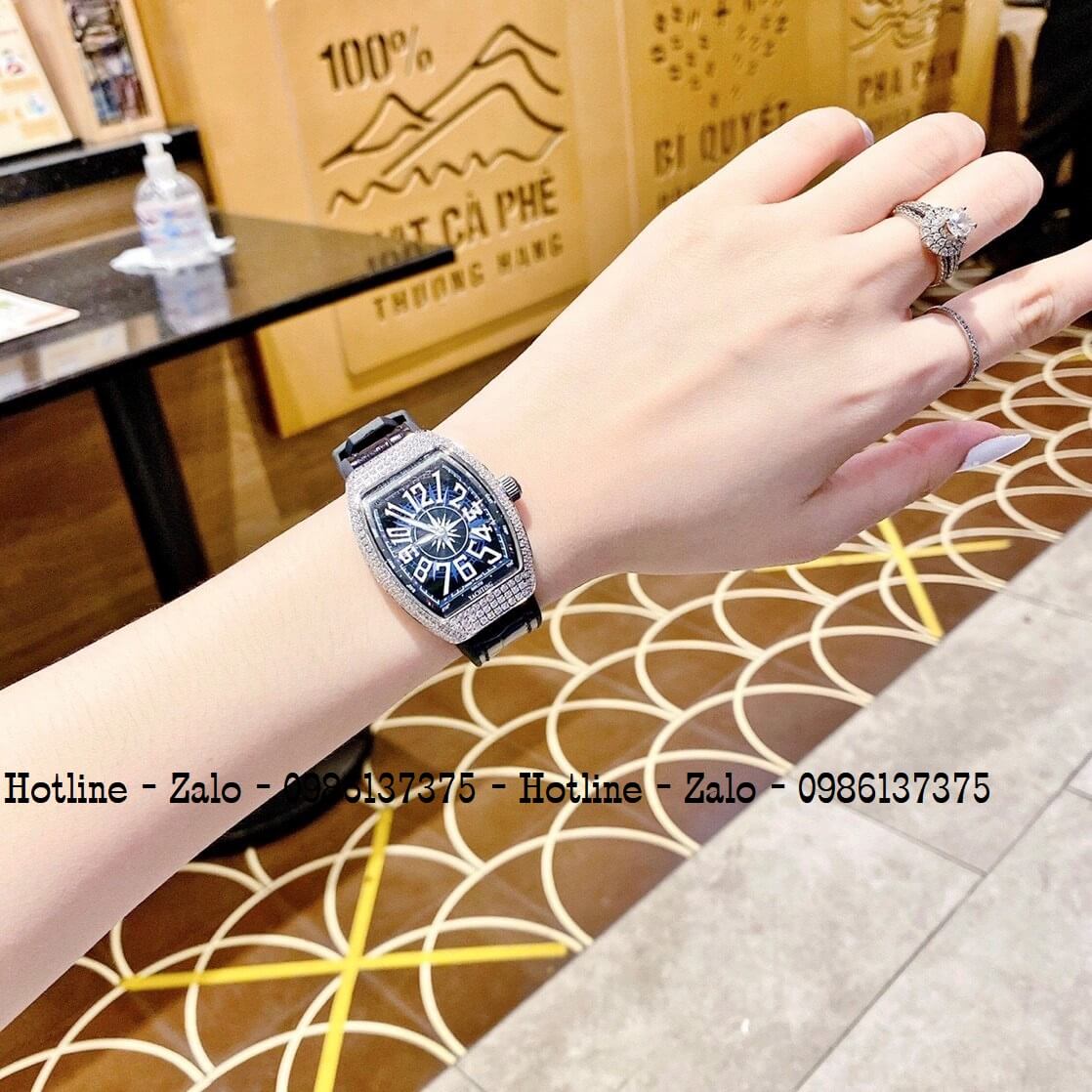 Đồng Hồ Nữ Franck Muller V32 Silicon Đen Mặt Đính Đá Silver 34mm