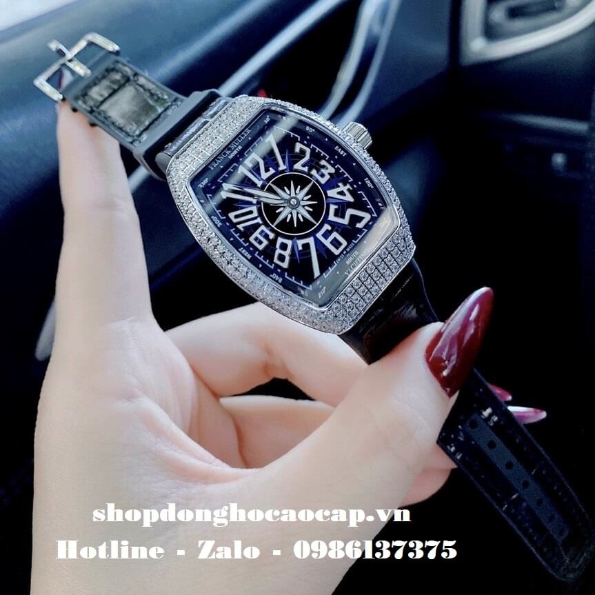 Đồng Hồ Franck Muller Nữ Silicon Đen Đính Đá Silver 34mm