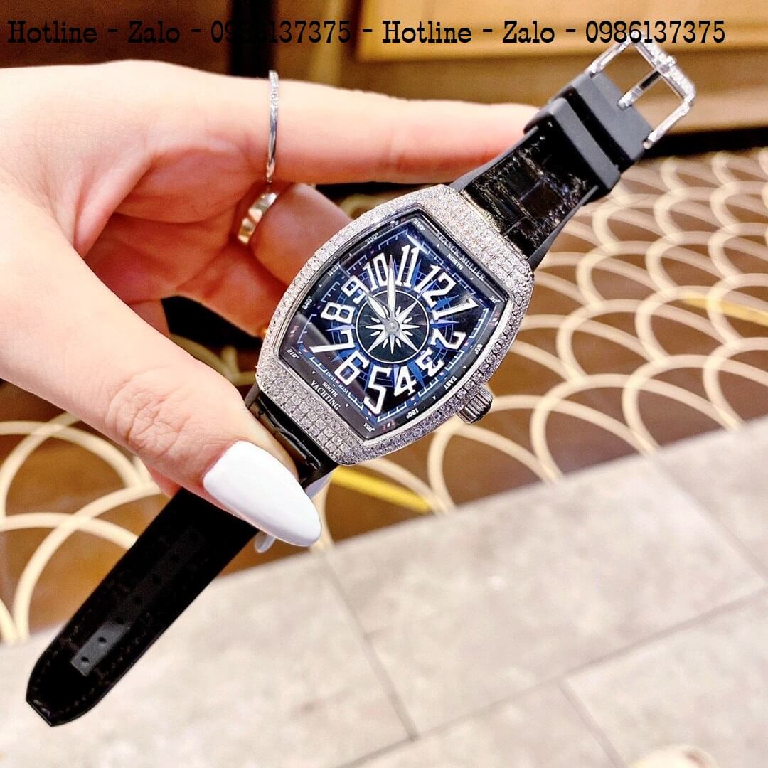 Đồng Hồ Nữ Franck Muller V32 Silicon Đen Mặt Đính Đá Silver 34mm