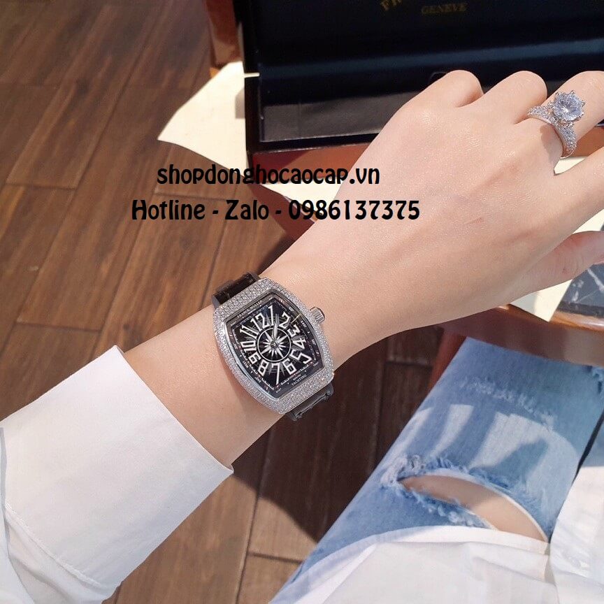 Đồng Hồ Franck Muller V32 Nữ Silicon Đen Đính Đá 34mm