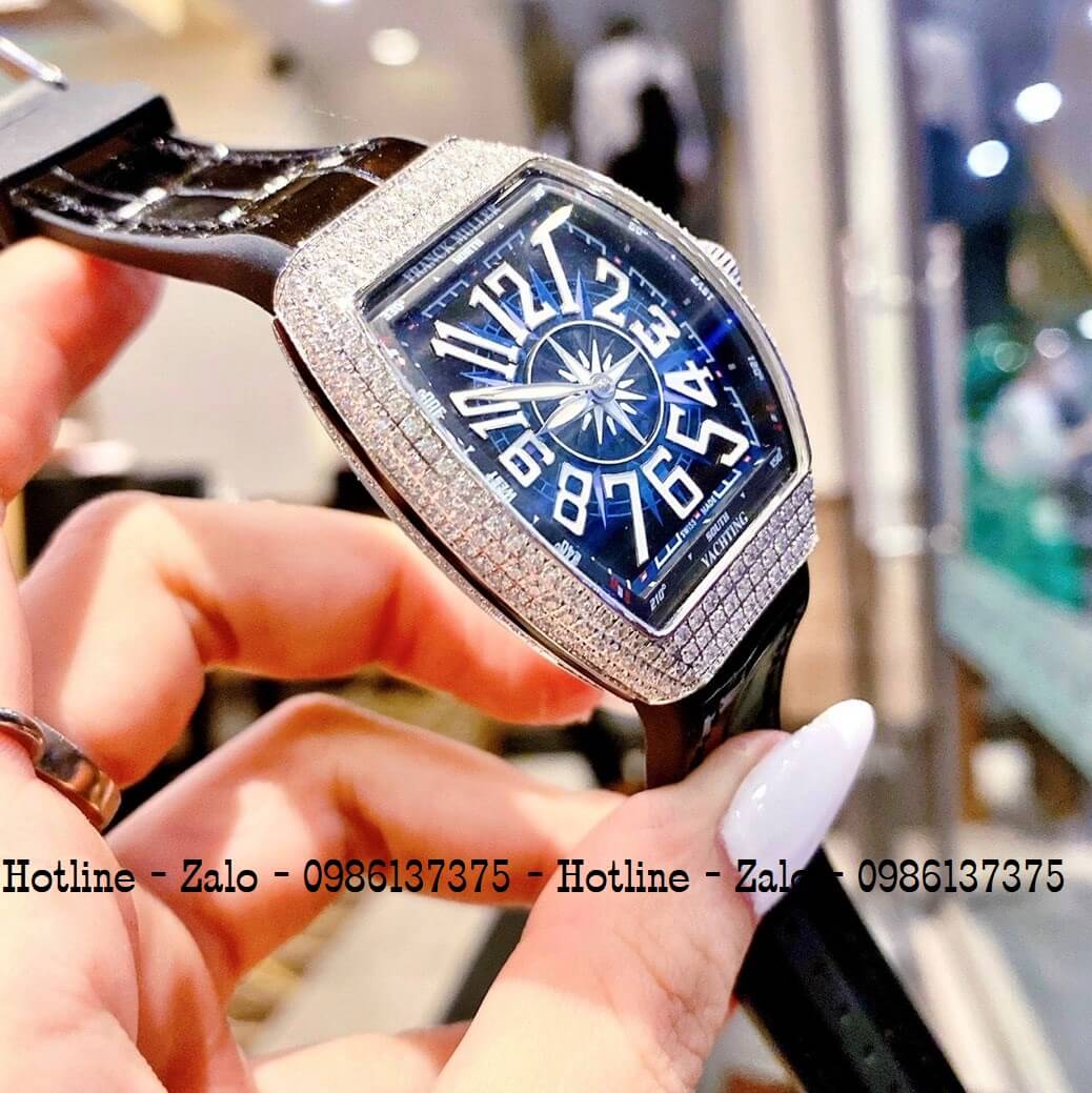 Đồng Hồ Nữ Franck Muller V32 Silicon Đen Mặt Đính Đá Silver 34mm