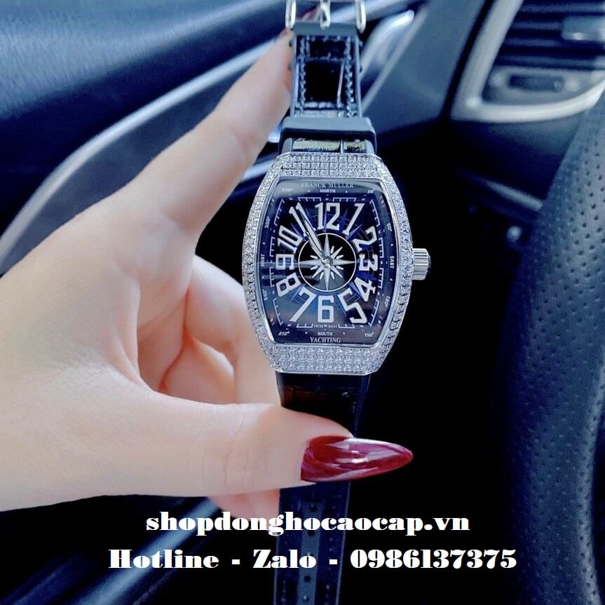 Đồng Hồ Franck Muller Nữ Silicon Đen Đính Đá Silver 34mm