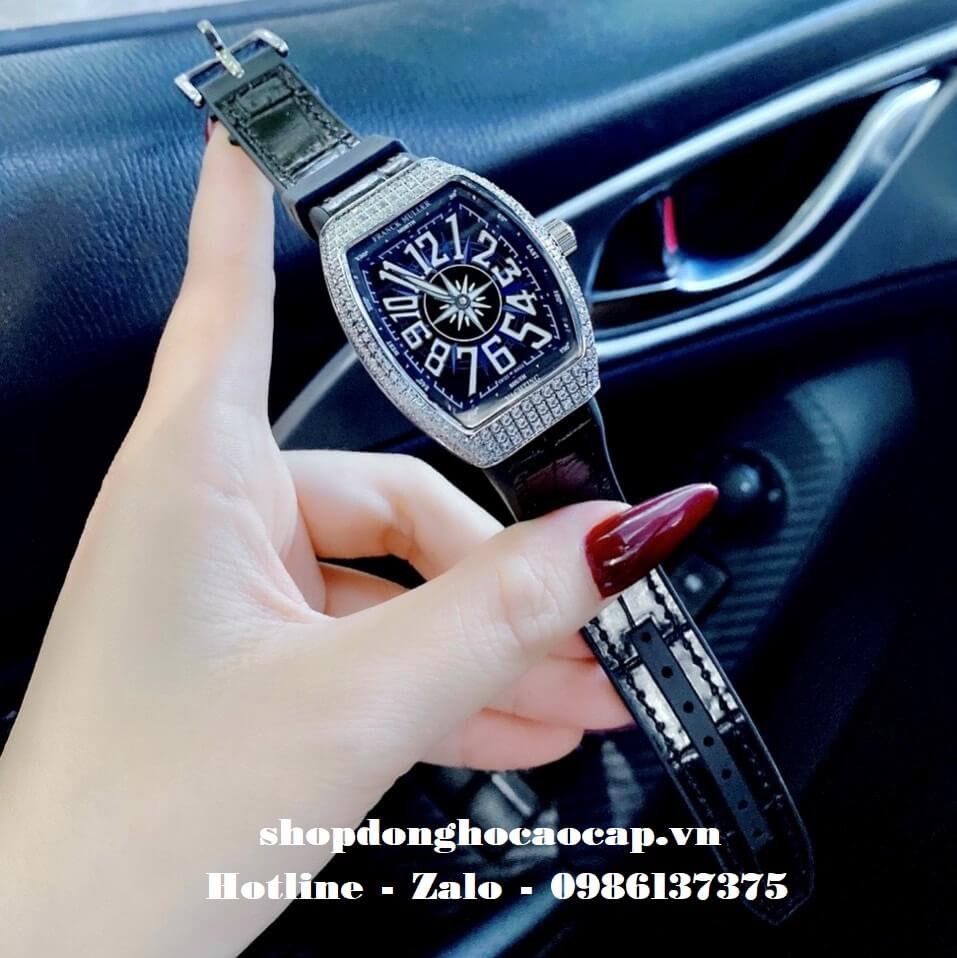 Đồng Hồ Franck Muller Nữ Silicon Đen Đính Đá Silver 34mm