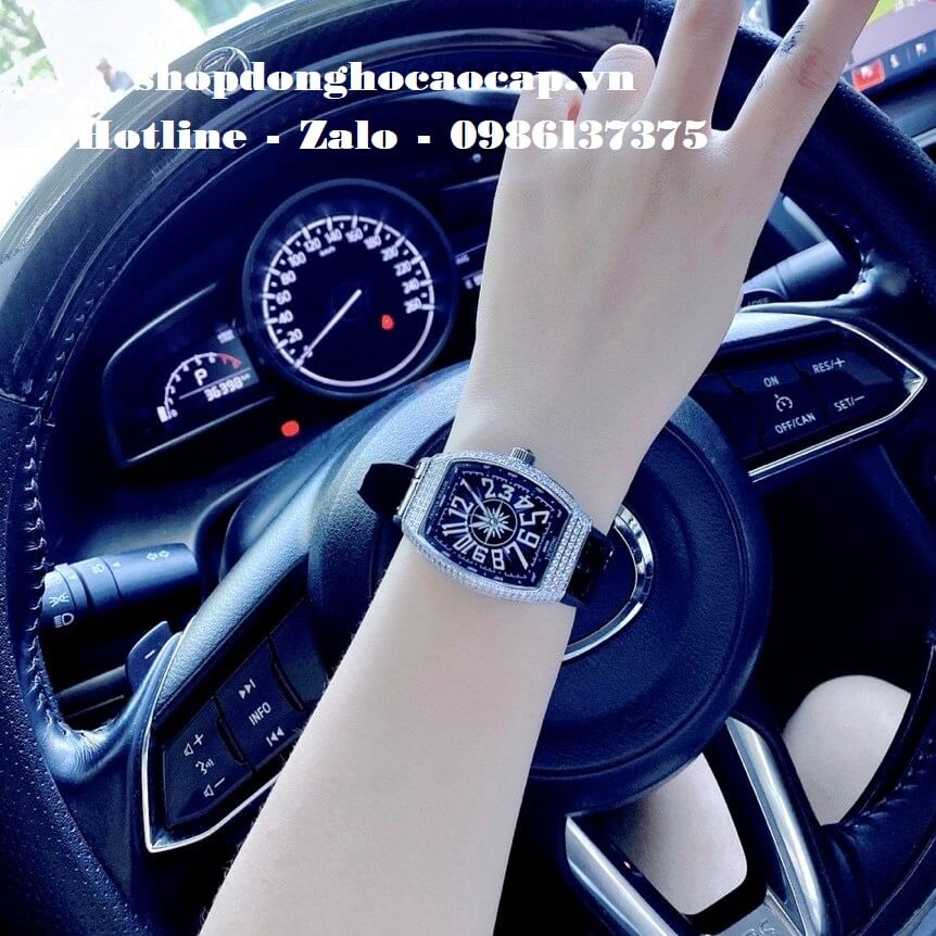 Đồng Hồ Franck Muller Nữ Silicon Đen Đính Đá Silver 34mm