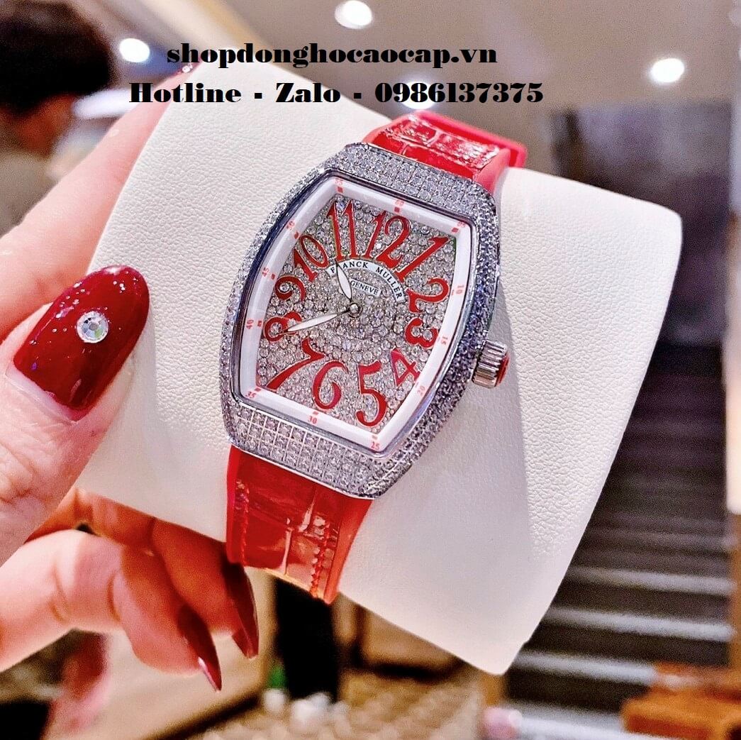 Đồng Hồ Franck Muller V32 Nữ Silicon Đỏ Đính Đá Silver 34mm