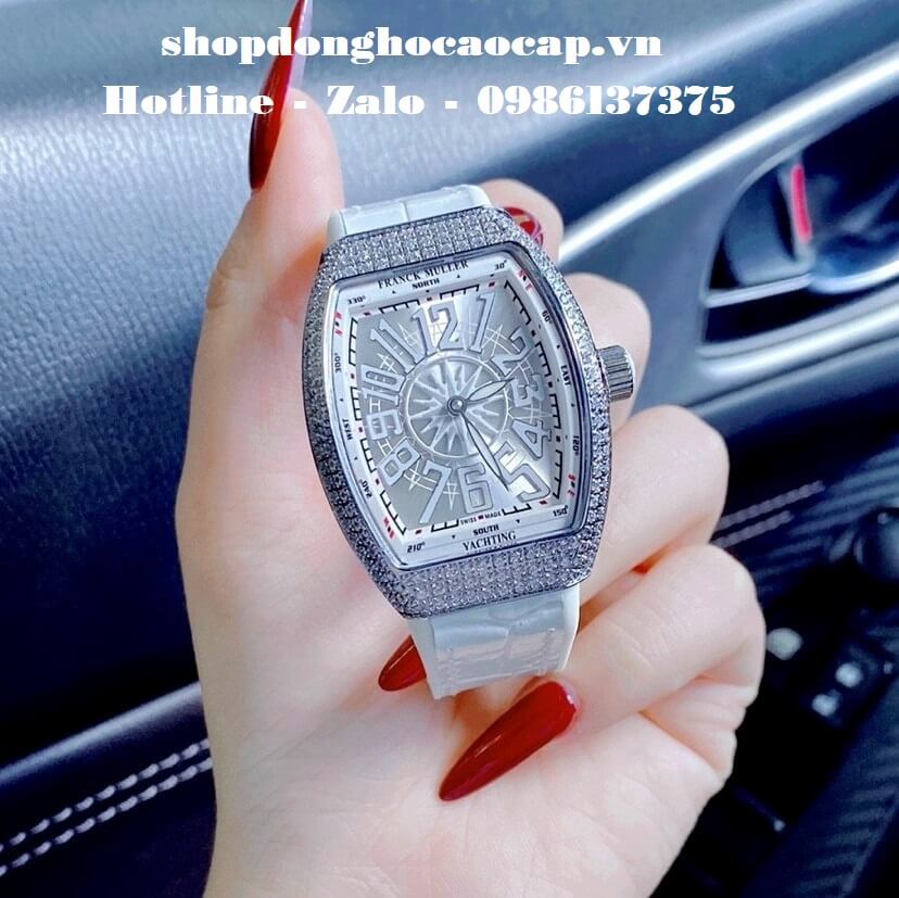 Đồng Hồ Franck Muller Nữ Silicon Trắng Đính Đá Silver 34mm