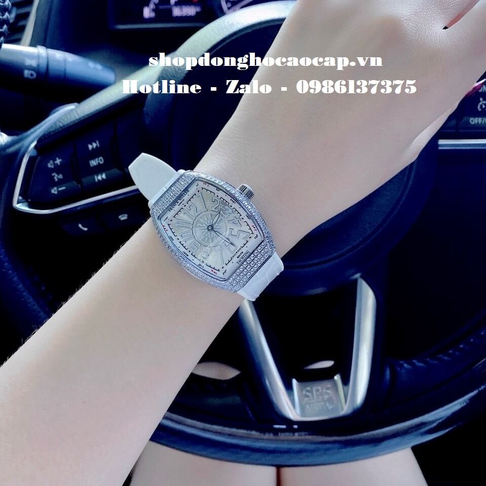 Đồng Hồ Franck Muller Nữ Silicon Trắng Đính Đá Silver 34mm