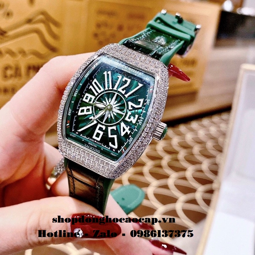 Đồng Hồ Franck Muller Nữ Silicon Xanh Lá Đính Đá Silver 34mm