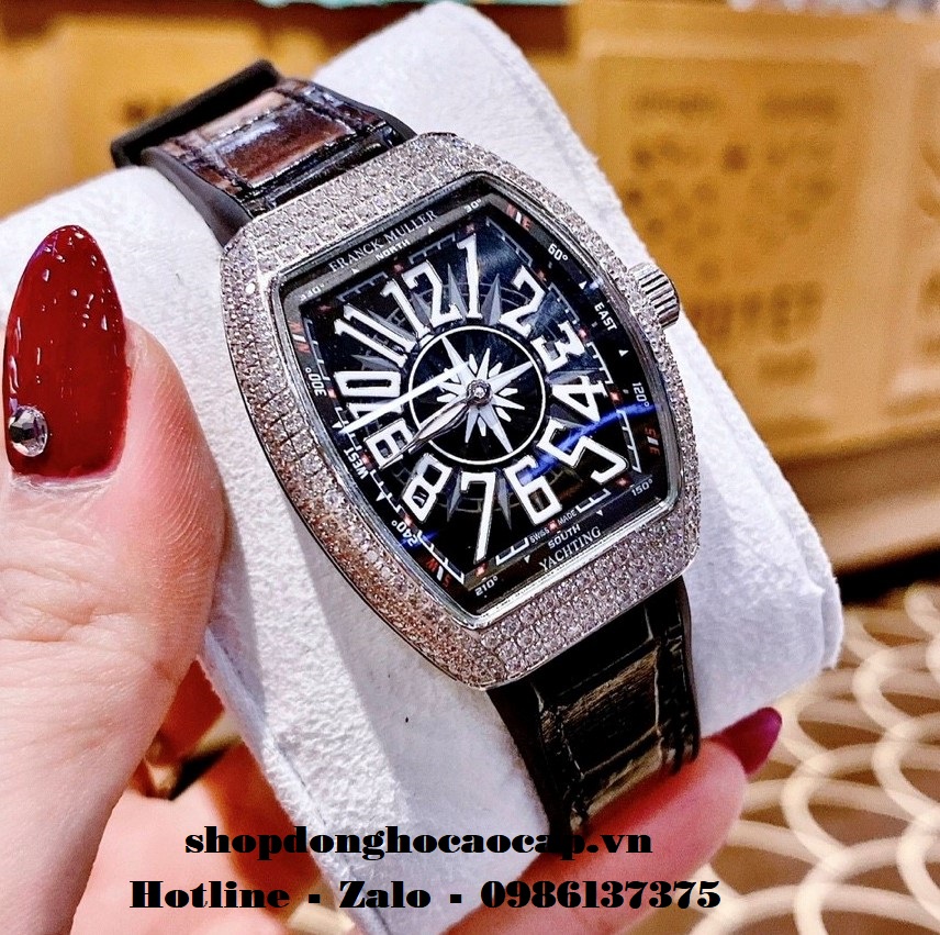 Đồng Hồ Franck Muller Nữ Silicon Đen Đính Đá Silver 34mm