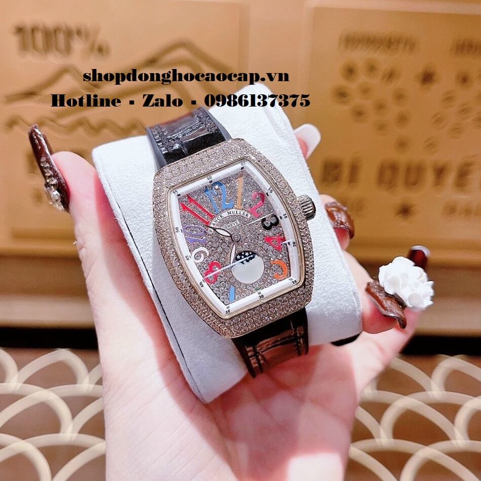 Đồng Hồ Franck Muller Vanguard V32 Nữ Trăng Sao Đen Đính Đá Rose