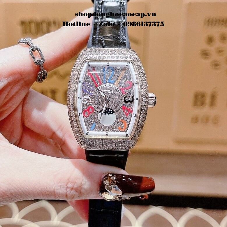 Đồng Hồ Franck Muller Vanguard V32 Nữ Trăng Sao Đen Đính Đá Rose