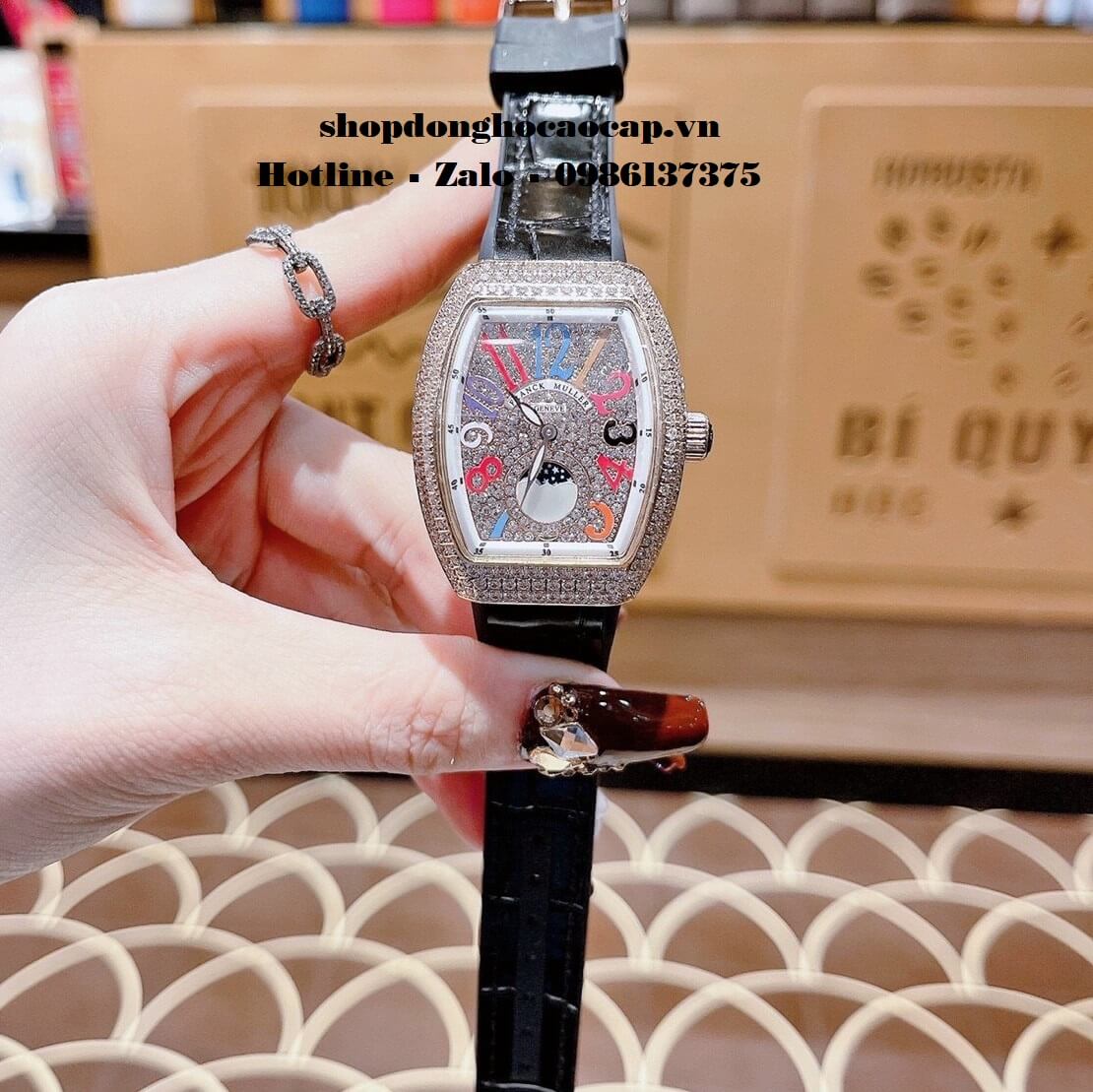 Đồng Hồ Franck Muller Vanguard V32 Nữ Trăng Sao Đen Đính Đá Rose