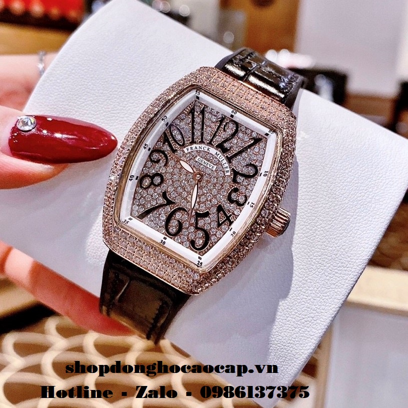 Đồng Hồ Franck Muller Siêu Cấp Nữ Silicon Đen Đính Đá Rose 34mm