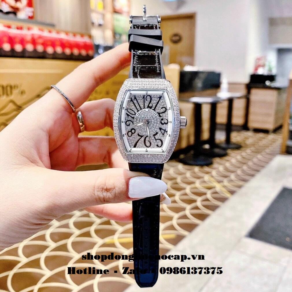 Đồng Hồ Franck Muller Siêu Cấp Nữ Silicon Đen Đính Đá Bạc 34mm