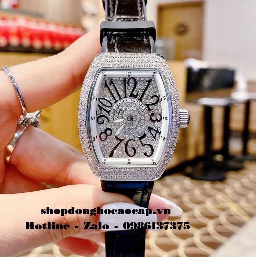 Đồng Hồ Franck Muller Siêu Cấp Nữ Silicon Đen Đính Đá Bạc 34mm