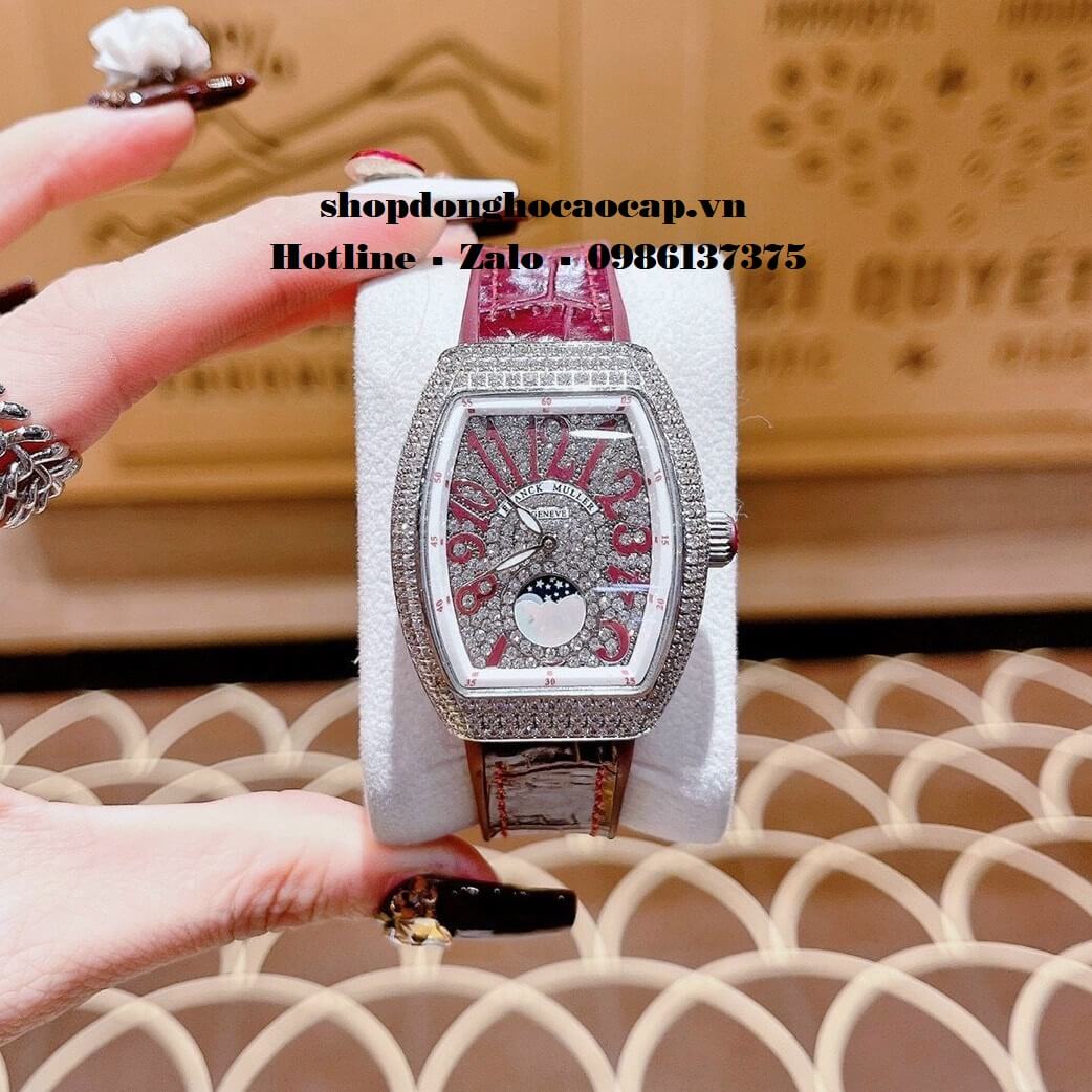 Đồng Hồ Franck Muller Vanguard V32 Nữ Trăng Sao Đỏ Mận Đính Đá Silver