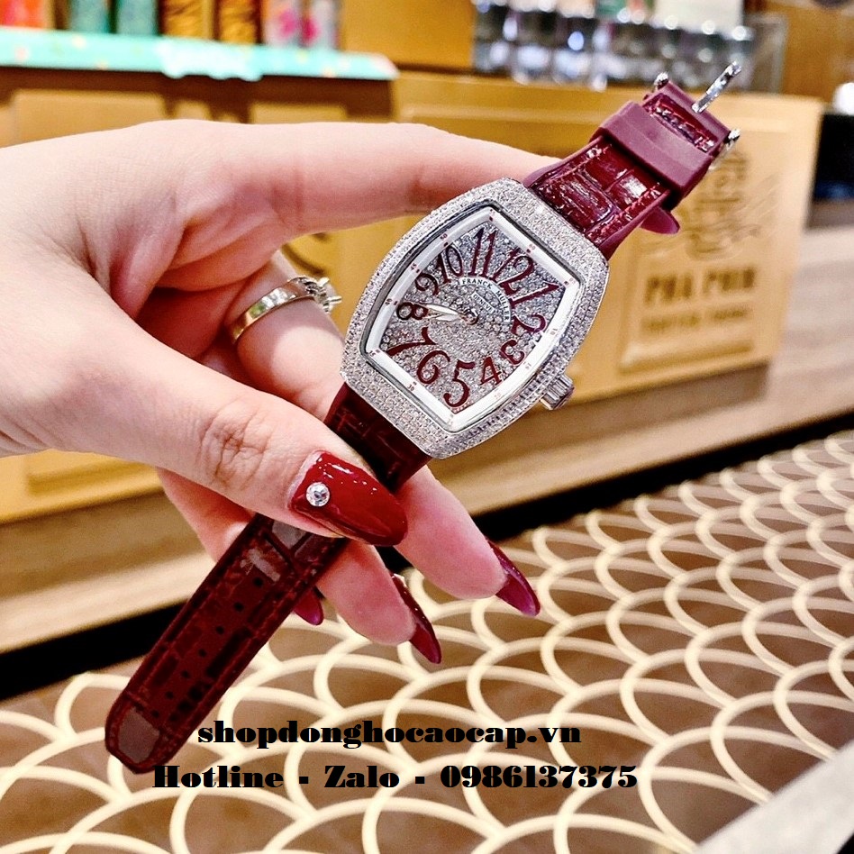 Đồng Hồ Franck Muller Siêu Cấp Nữ Silicon Đỏ Đô Đính Đá Bạc 34mm