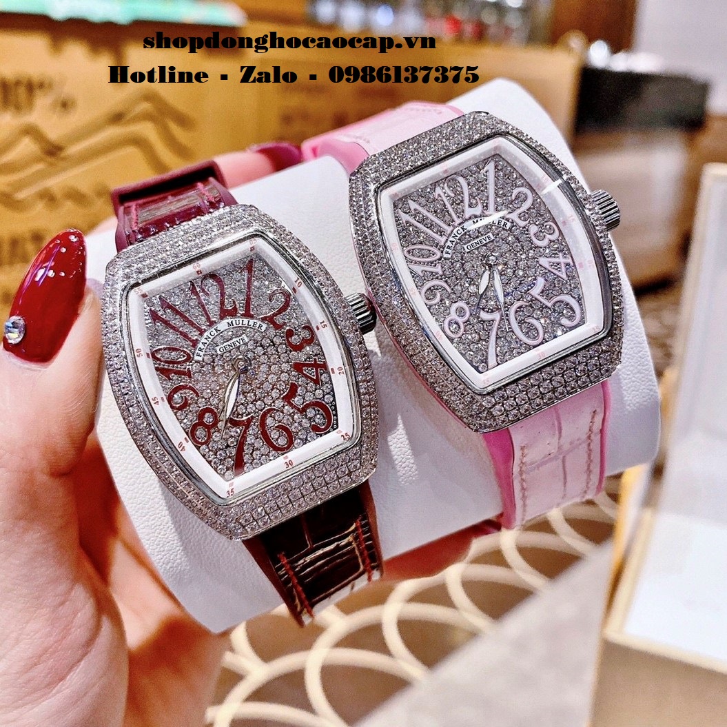 Đồng Hồ Franck Muller Siêu Cấp Nữ Silicon Đỏ Đô Đính Đá Bạc 34mm