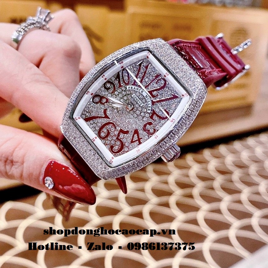 Đồng Hồ Franck Muller Siêu Cấp Nữ Silicon Đỏ Đô Đính Đá Bạc 34mm