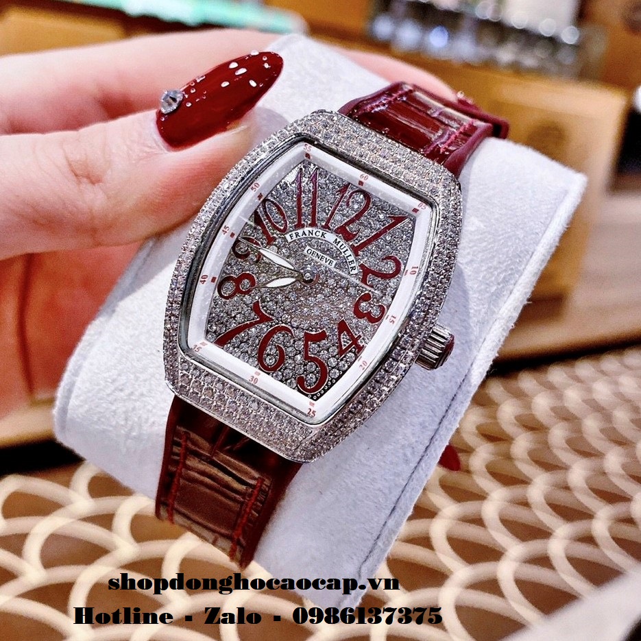 Đồng Hồ Franck Muller Siêu Cấp Nữ Silicon Đỏ Đô Đính Đá Bạc 34mm