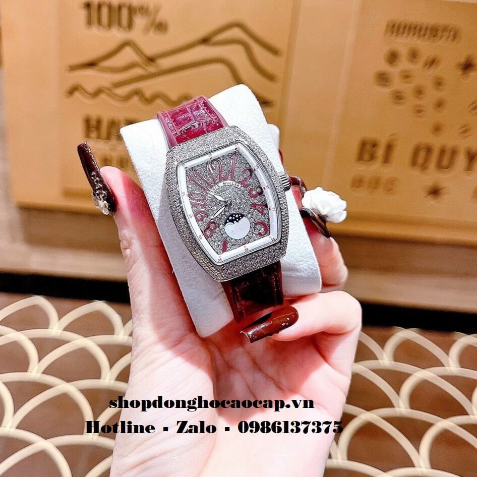 Đồng Hồ Franck Muller Vanguard V32 Nữ Trăng Sao Đỏ Mận Đính Đá Silver