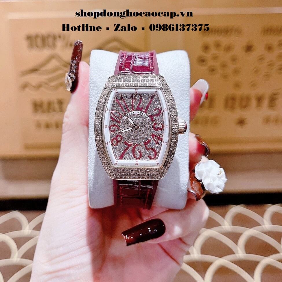 Đồng Hồ Franck Muller Siêu Cấp Nữ Silicon Đỏ Mận Đính Đá Rose 34mm