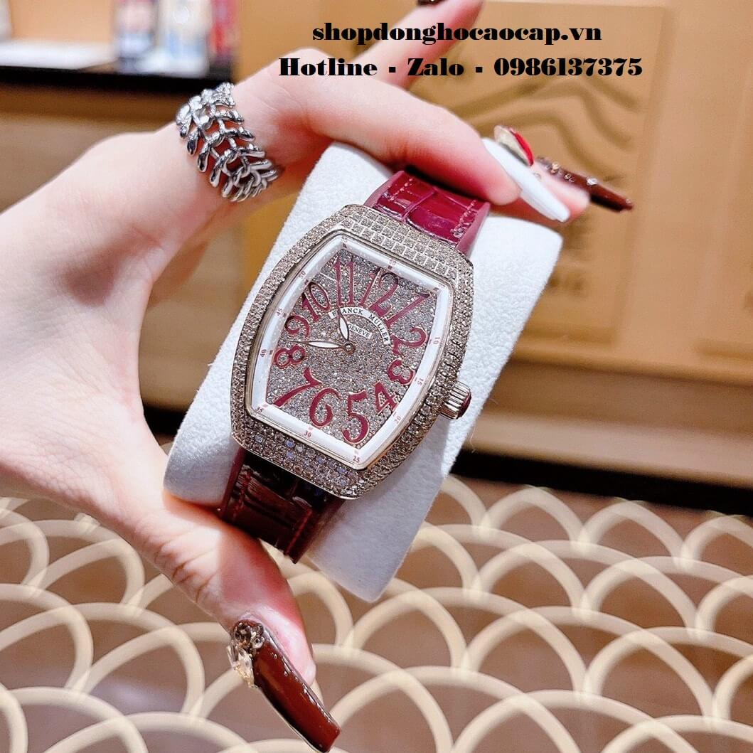 Đồng Hồ Franck Muller Siêu Cấp Nữ Silicon Đỏ Mận Đính Đá Rose 34mm