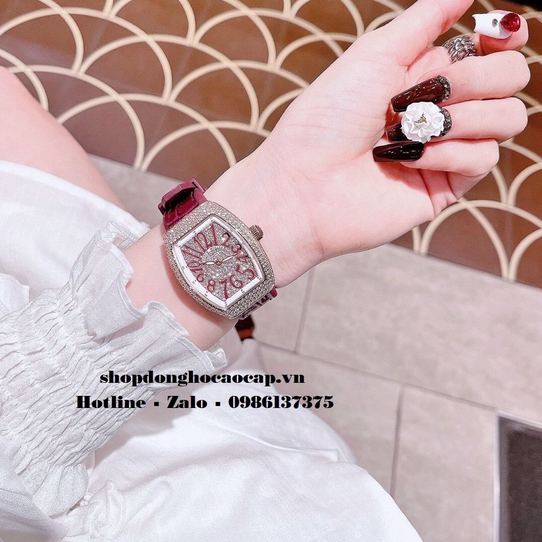 Đồng Hồ Franck Muller Siêu Cấp Nữ Silicon Đỏ Mận Đính Đá Rose 34mm