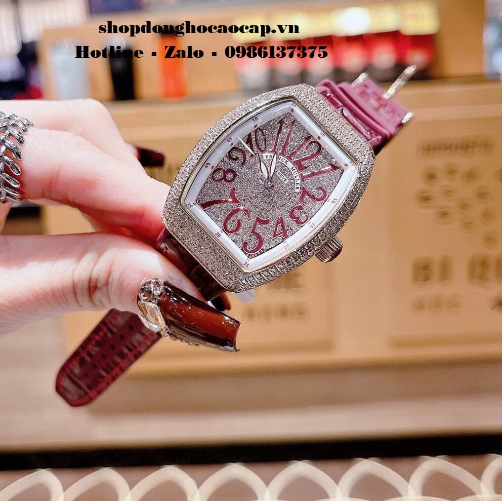 Đồng Hồ Franck Muller Siêu Cấp Nữ Silicon Đỏ Mận Đính Đá Rose 34mm