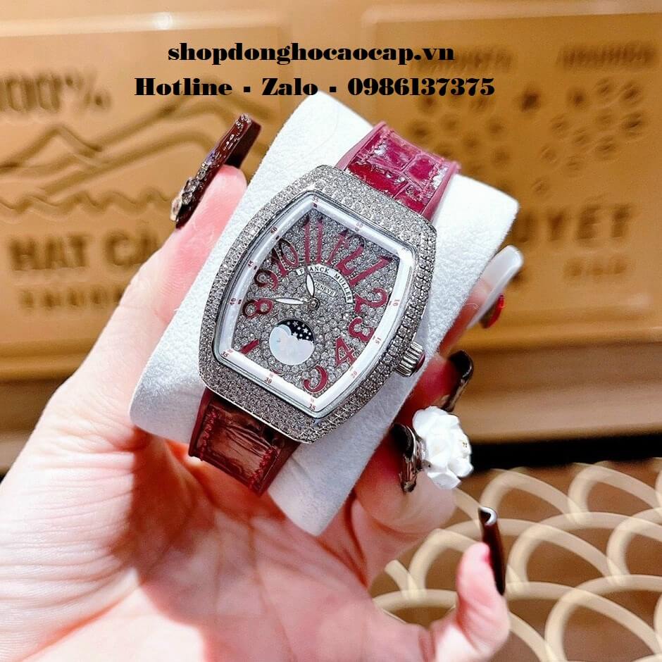 Đồng Hồ Franck Muller Vanguard V32 Nữ Trăng Sao Đỏ Mận Đính Đá Silver