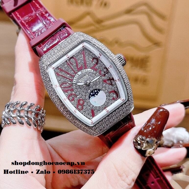 Đồng Hồ Franck Muller Vanguard V32 Nữ Trăng Sao Đỏ Mận Đính Đá Silver