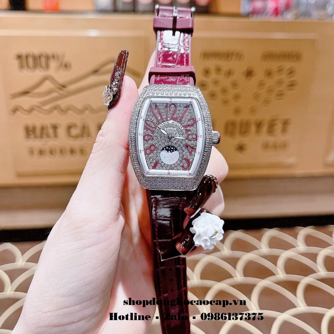 Đồng Hồ Franck Muller Vanguard V32 Nữ Trăng Sao Đỏ Mận Đính Đá Silver