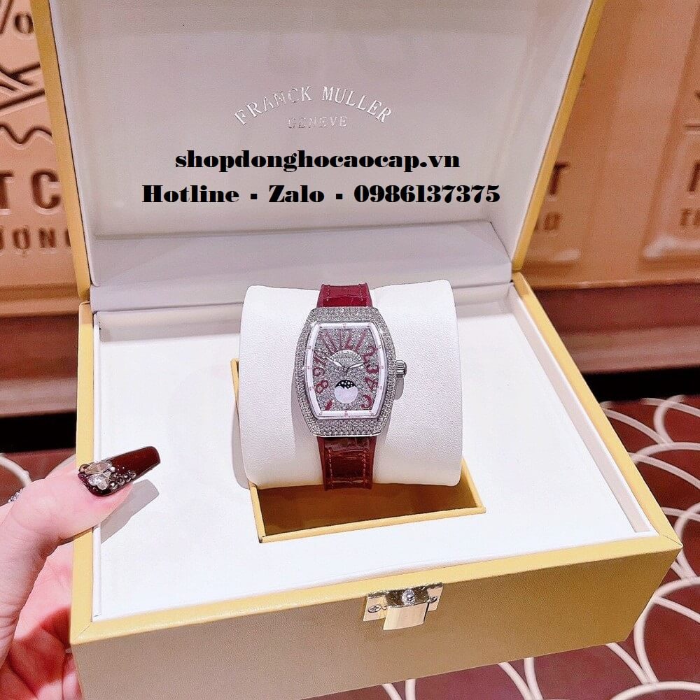 Đồng Hồ Franck Muller Vanguard V32 Nữ Trăng Sao Đỏ Mận Đính Đá Silver