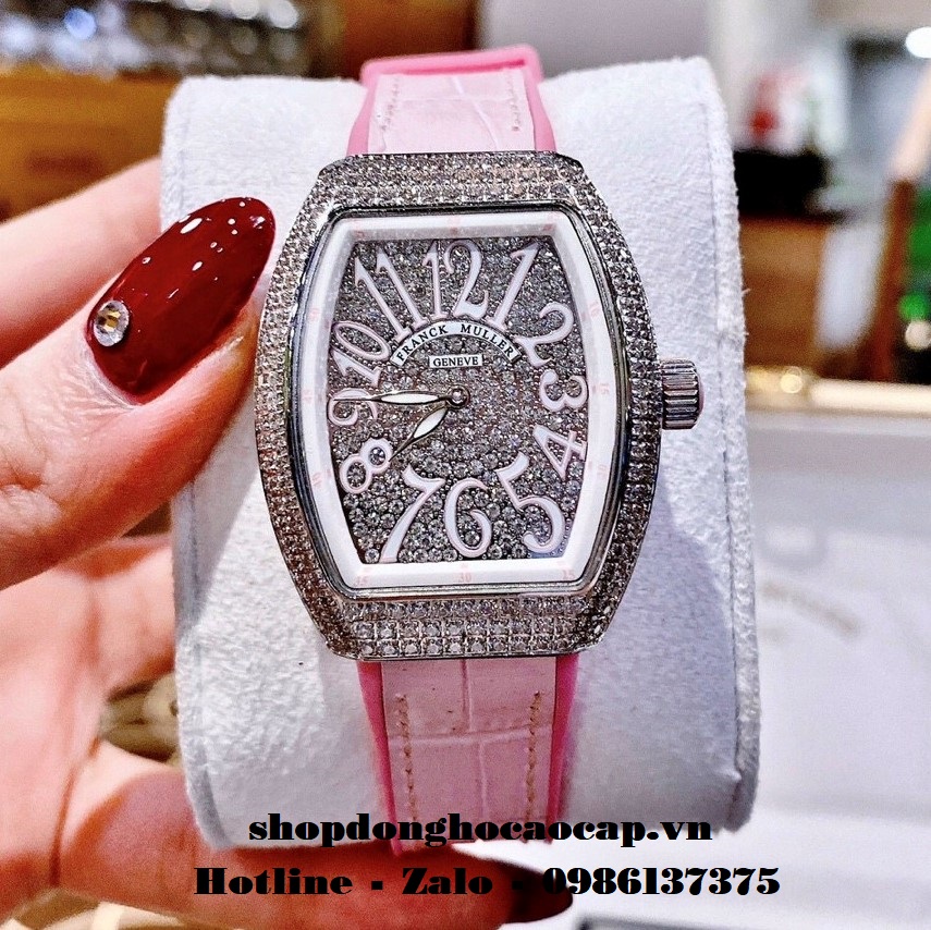 Đồng Hồ Franck Muller Siêu Cấp Nữ Silicon Hồng Đính Đá Bạc 34mm