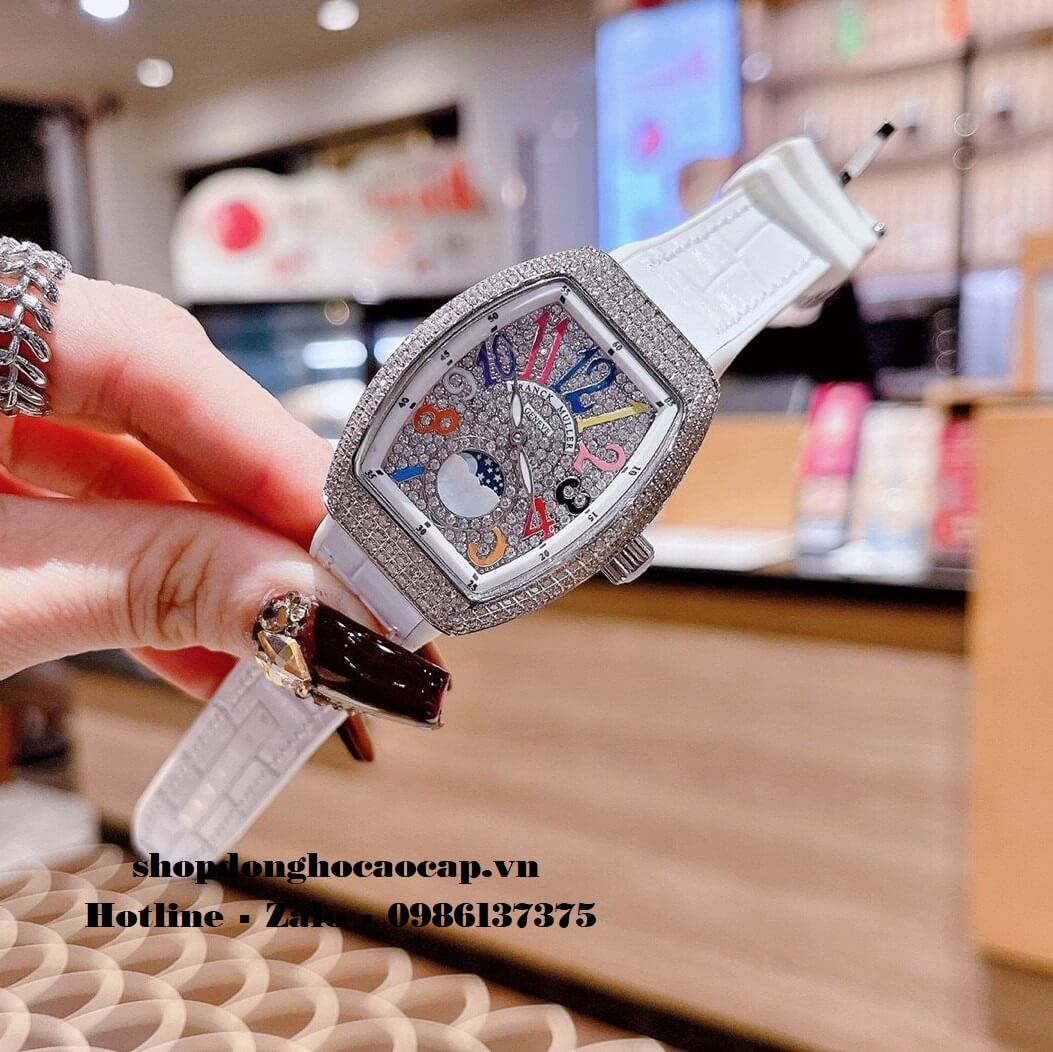 Đồng Hồ Franck Muller Vanguard V32 Nữ Trăng Sao Trắng Đính Đá Silver