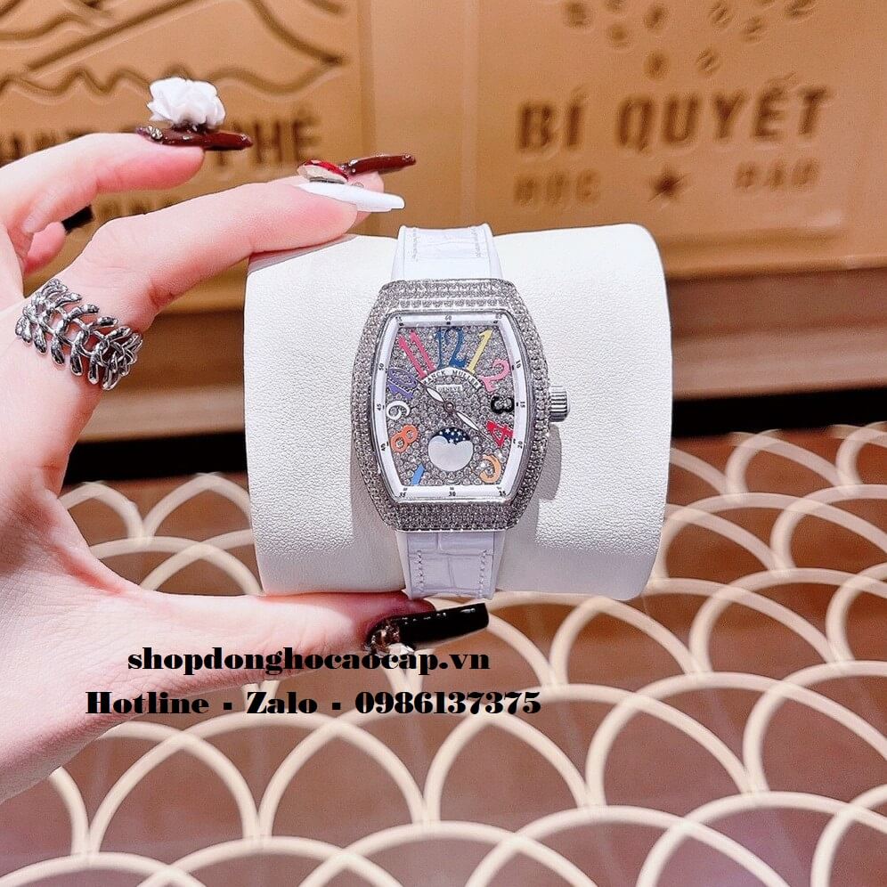 Đồng Hồ Franck Muller Vanguard V32 Nữ Trăng Sao Trắng Đính Đá Silver