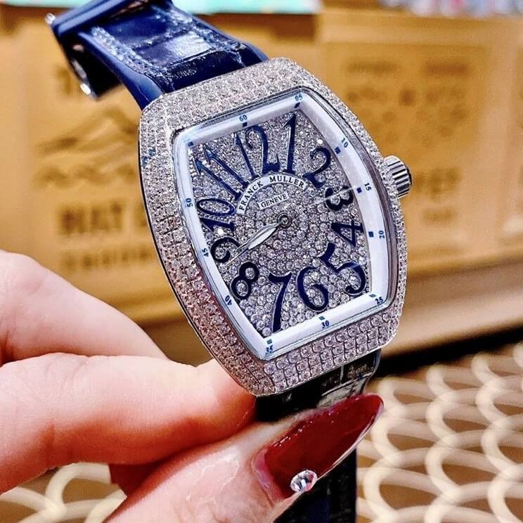 Đồng Hồ Franck Muller Siêu Cấp Nữ Silicon Xanh Đính Đá Bạc 34mm