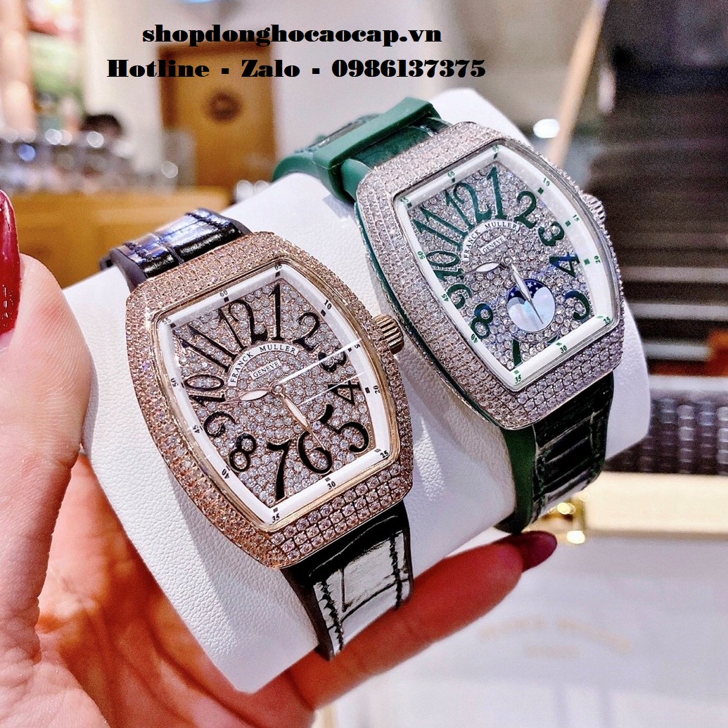 Đồng Hồ Franck Muller Vanguard V32 Trăng Sao Xanh Lá Đính Đá Bạc