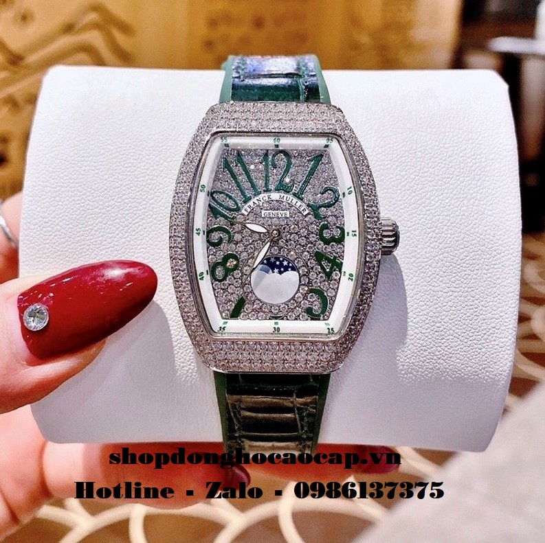 Đồng Hồ Franck Muller Vanguard V32 Trăng Sao Xanh Lá Đính Đá Bạc