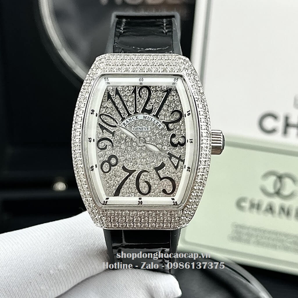 Đồng Hồ Franck Muller V32 Nữ Dây Da Silicon Đen Đính Đá Bạc 34mm