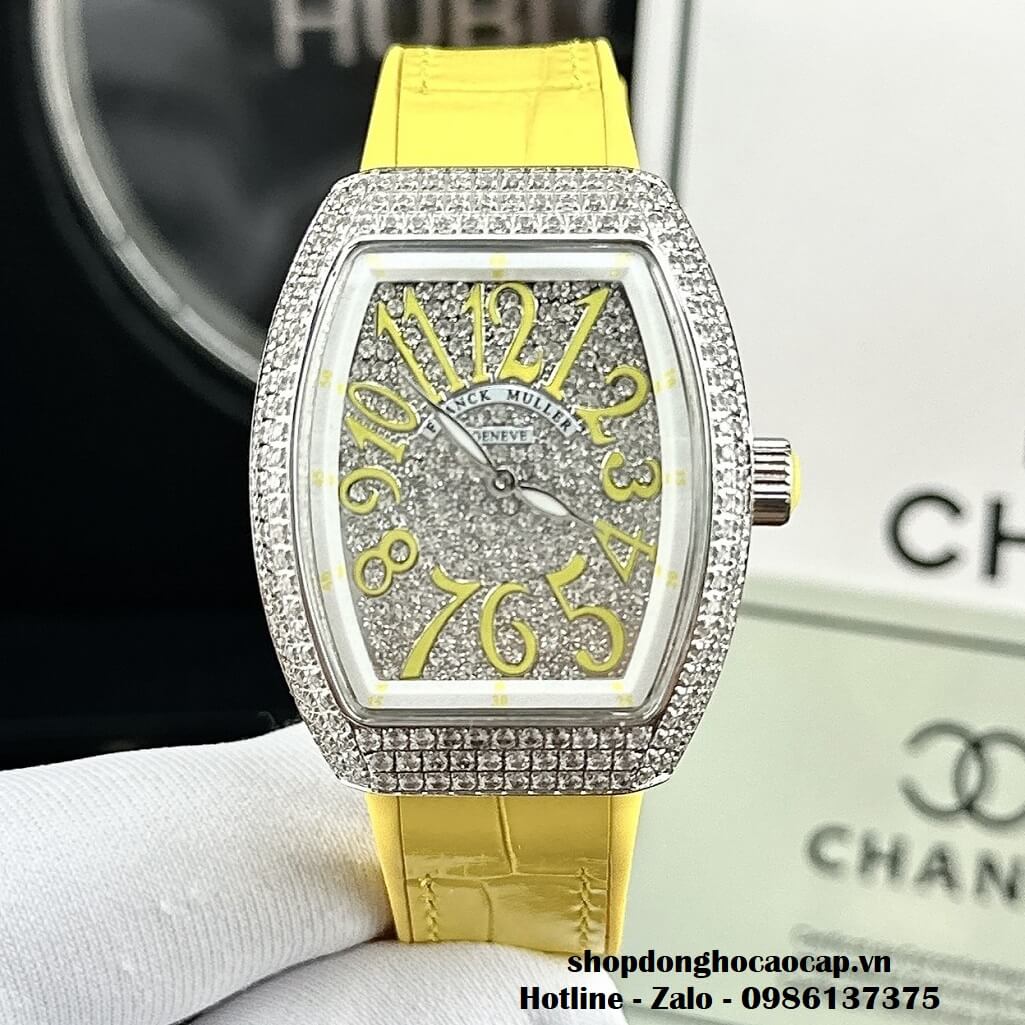 Đồng Hồ Franck Muller V32 Nữ Dây Da Silicon Vàng Đính Đá Bạc 34mm