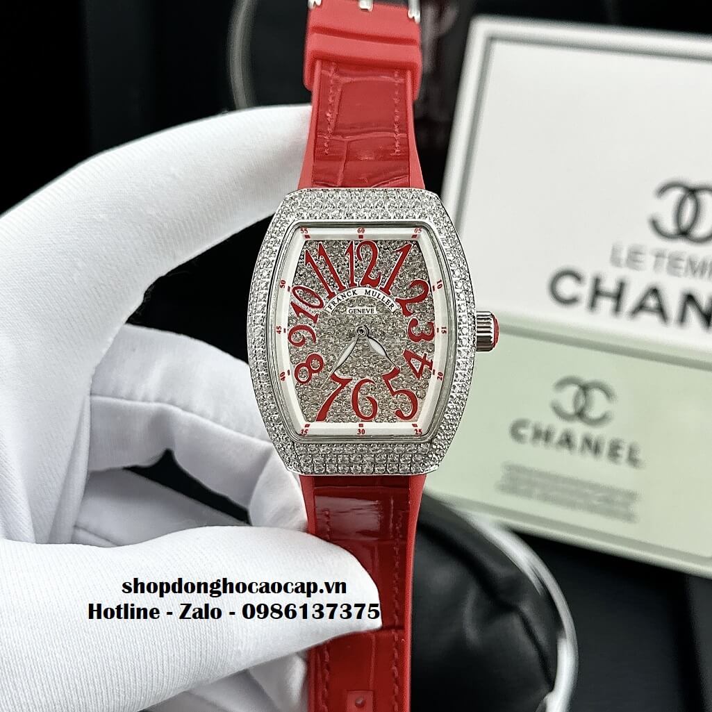 Đồng Hồ Franck Muller V32 Nữ Dây Da Silicon Đỏ Đính Đá Bạc 34mm