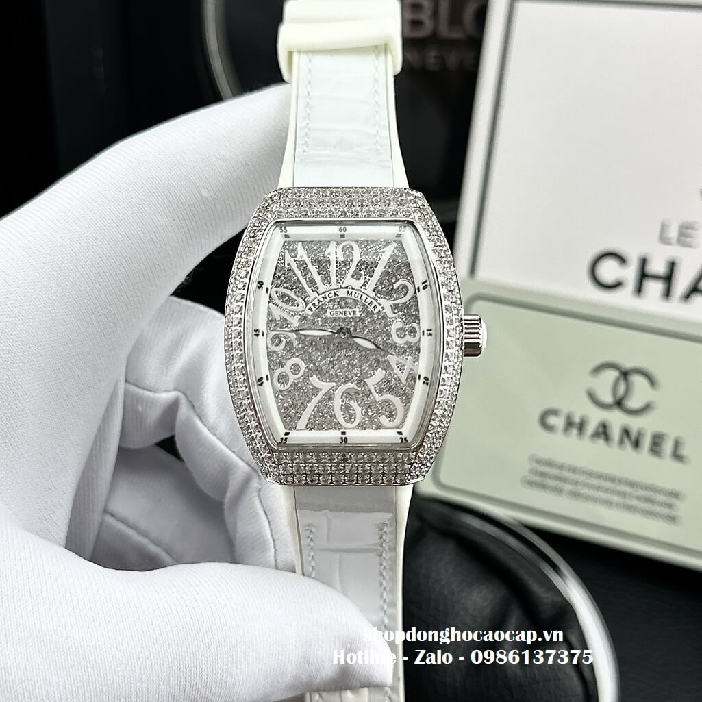 Đồng Hồ Franck Muller V32 Nữ Dây Da Silicon Trắng Đính Đá Bạc 34mm