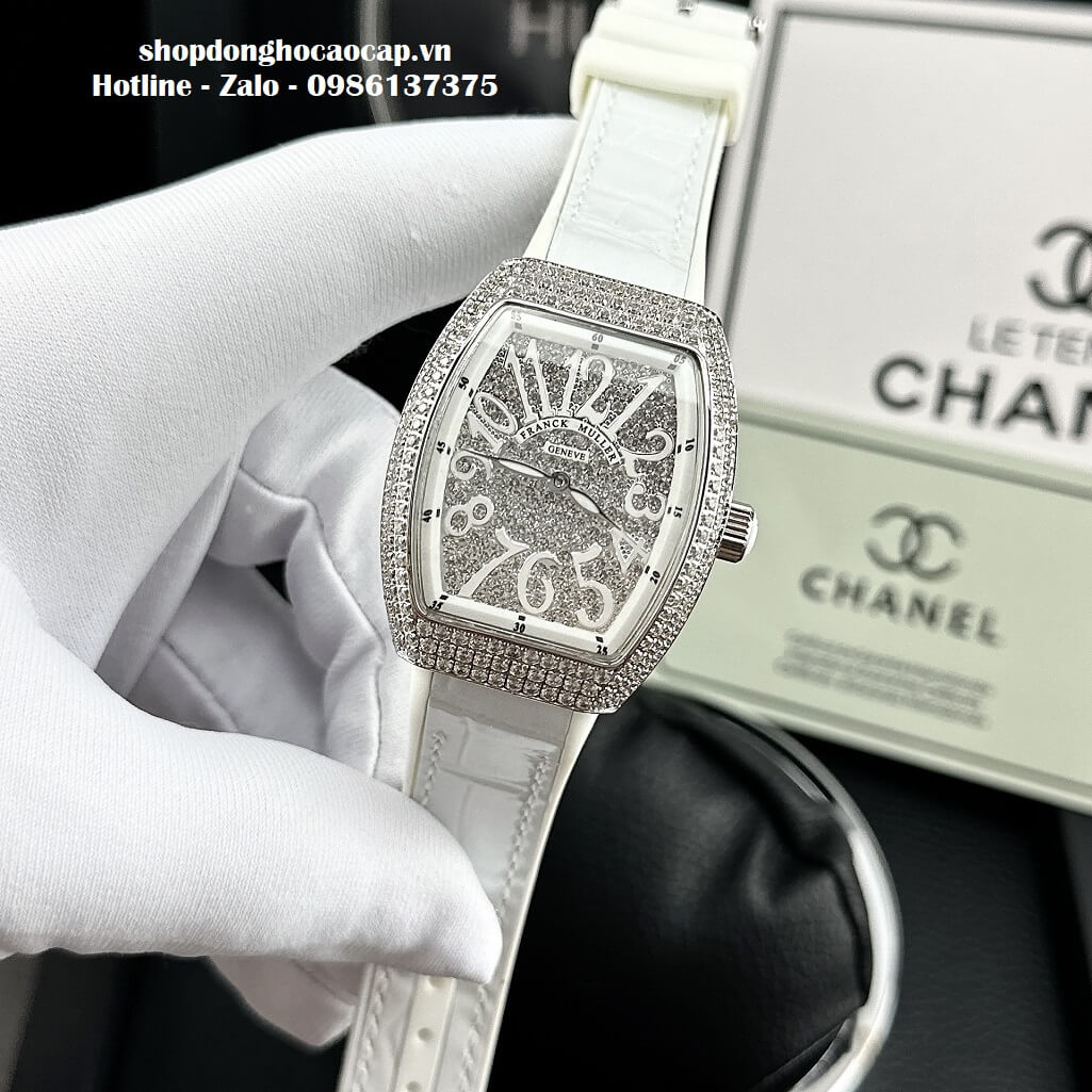 Đồng Hồ Franck Muller V32 Nữ Dây Da Silicon Trắng Đính Đá Bạc 34mm