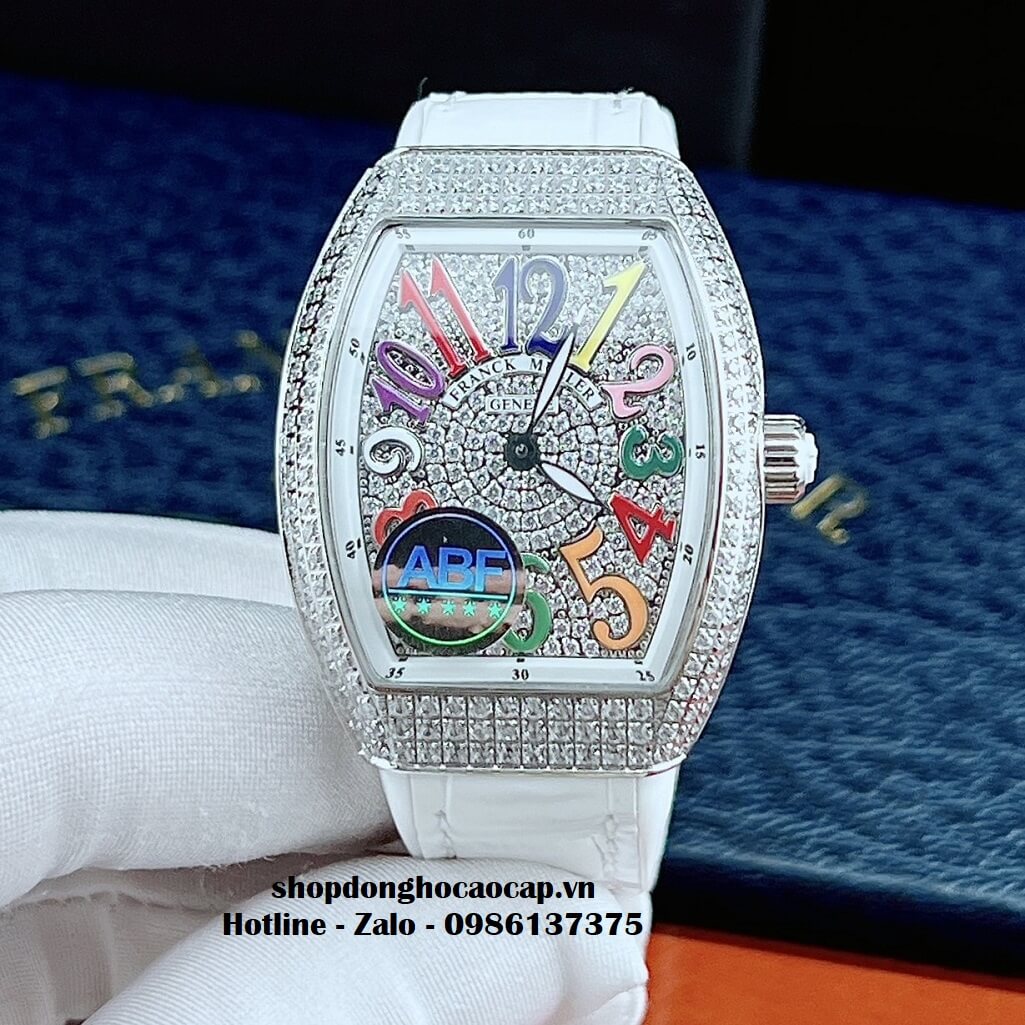 Đồng Hồ Franck Muller V32 Siêu Cấp Nữ Silicon Trắng Đính Đá Bạc 34mm